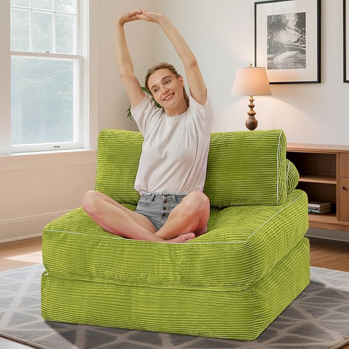 HABUTWAY Folding Sofa Bed, Convertible Sleeper Chair Bed w/Dual-Pillow & Handle, Foldable Floor Sofa Lounge w/Back Support for Living Room, Bedroom, Apartment, Office, Single, Green