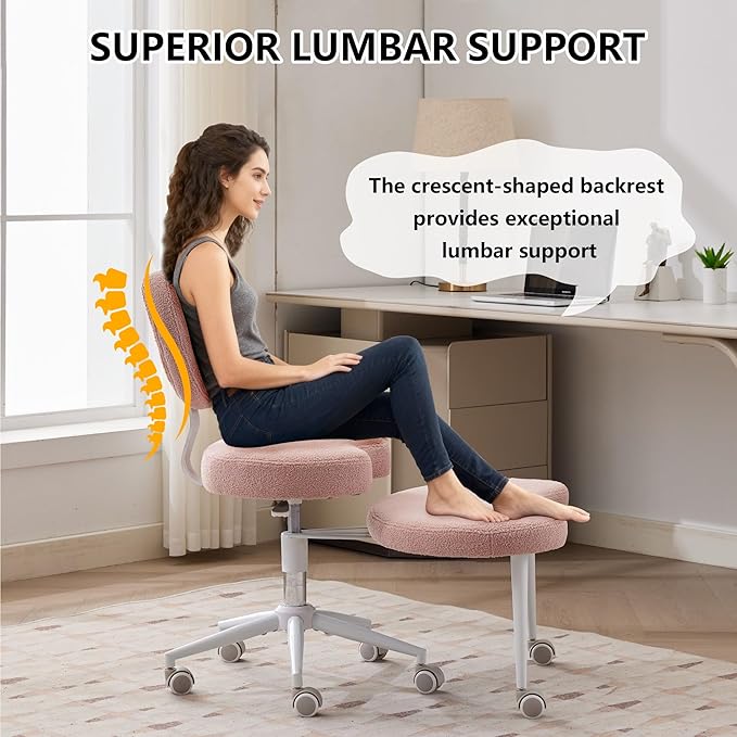 Meditation Chair with Lumbar Support,360° Swivel Cross Legged Chair with Wheels, Ergonomic Cross Legged Office Chair for Adults with ADHD, Height-Adjustable Yoga Chair, Teddy Fabric, Pink