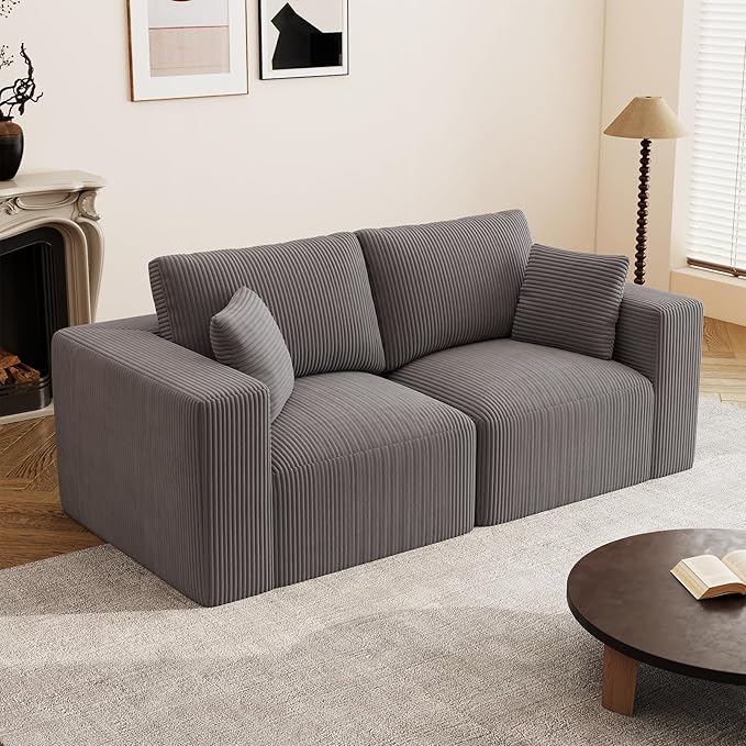 79" Modular Loveseat Cloud Couch, Memory Foam Boneless Double Sofa, Comfy Upholstered Corduroy Frameless Furniture, No Assembly Required Small Couch for Apartment, Living Room, Office House, Grey
