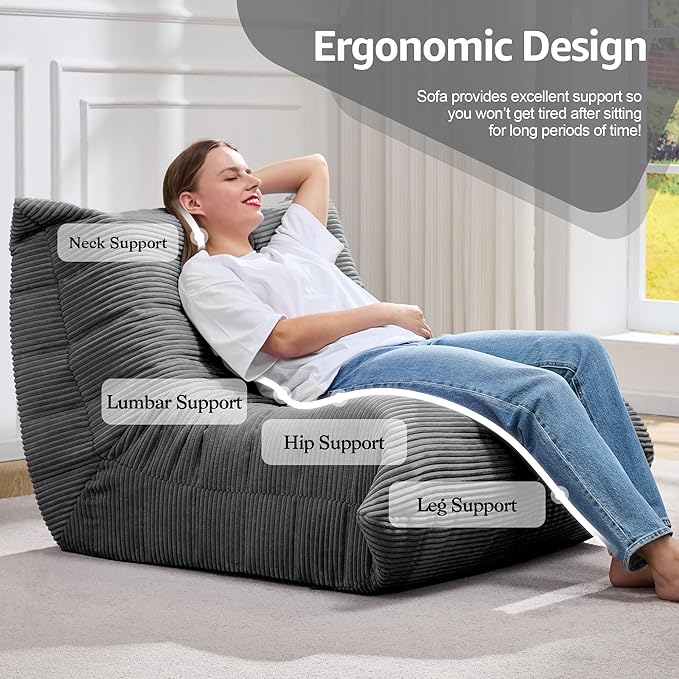 Bean Bag Chairs for Adults Giant Bean Bag Chair Memory Foam BeanBag Chair Bean Bag Sofa with Filler Faux Fur Fireside Beanbags Lazy Sofa for Living Room Bedroom Office (Grey Corduroy, Single)