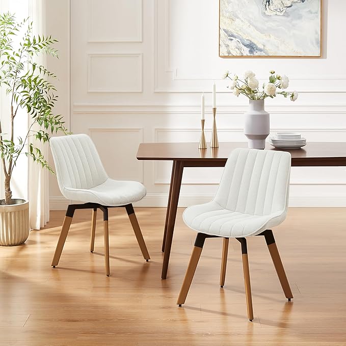 Art Leon Swivel Dining Chairs Set of 2, Mid Century Modern Kitchen Dining Room Chairs, Upholstered Fabric Armless Side Chair with Wood Legs for Living Room Bedroom, Off White