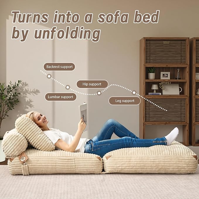 CAODOC Folding Sofa Bed Convertible Sleeper Chair with Pillow, Foldable Mattress Lounge Chair for Living Room Bedroom, Portable Guest Bed Beige