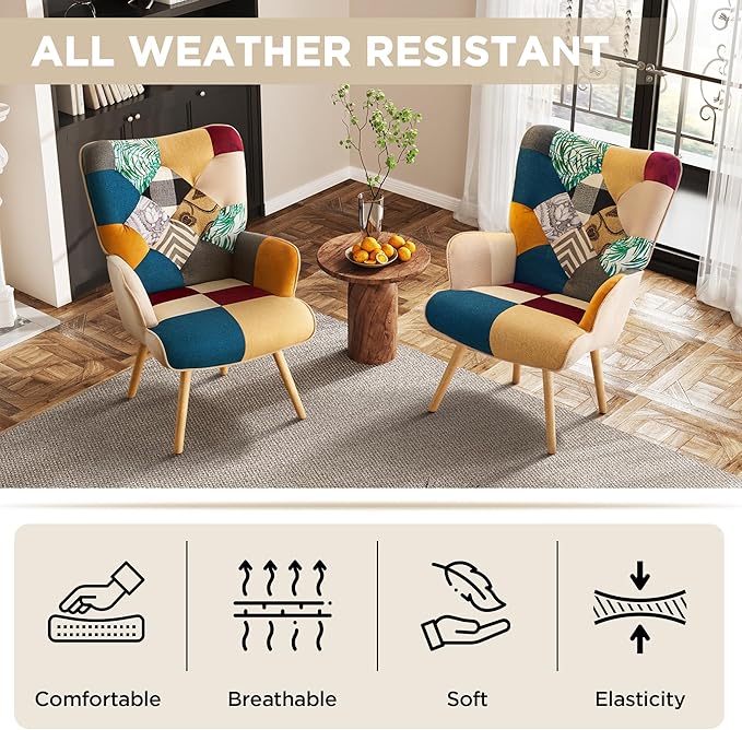 Accent Chair, Living Room Chair, Modern High Back Armchair, Colorful Patchwork Reading Chairs for Bedroom, Lounge Chair with Linen Fabric Shell and Solid Wood Feets (1, Colorful)