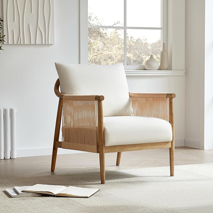 CHITA Braid Accent Chair Set of 2, Modern Armchair with Solid Wooden Armrest for Living Room and Bedroom, Boho Reading Chair, Cream