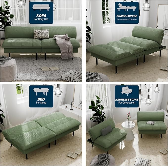 70" Futon Sofa Bed, 4 in 1 Multi-Function Couch Sleeper with Adjustable Backrest, Modern Convertible Futon, Recliner Small Loveseat for Living Room, Dorm, Green
