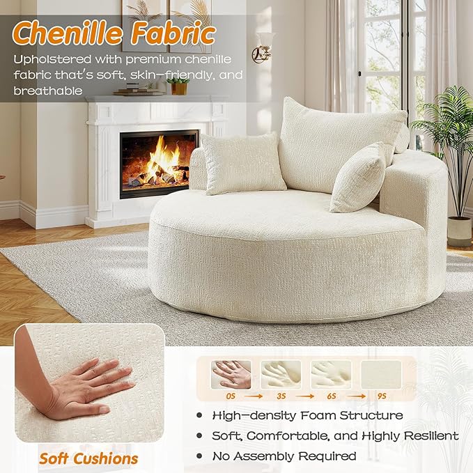 55"W Oversized Round Chair Lounge Chaise Indoor, Upholstered Comfy Circle Sofa Armchair, Modern Cozy Boneless Foam Floor Reading Chair for Living Room, Bedroom, No Assembly Required(Chenille, Beige)