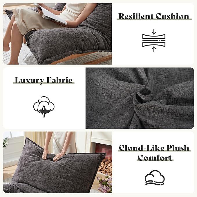 AMERLIFE 46" Oversized Sofa Chair, Modern Accent Chair, Sofa Style Bean Bag with Plush Cushion, Lazy Lounge for Living Room, Chenille Gray