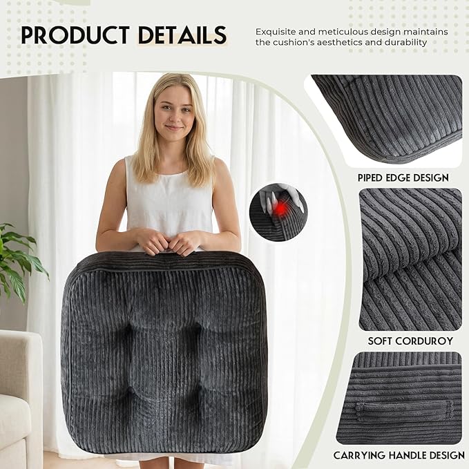 11In Washable Floor Pillow for Adults, Yoga & Meditation Cushion with Handle, Square Large Pillows Seating with Removable Tufted Corduroy Cover for Tatami Living Room Board Games, Dark Gray