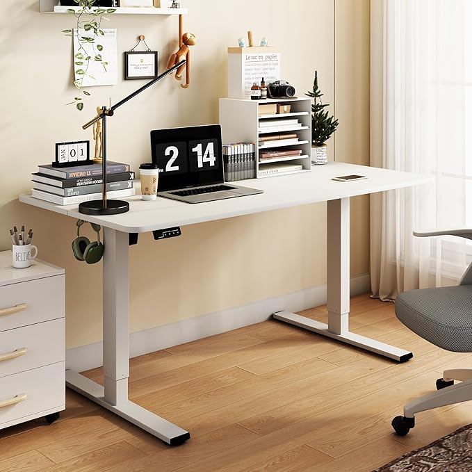 LongKe Electric Standing Desk Adjustable Height, 48x24 Inches Sit Stand up Desktop for Home Office, Ergonomic Rising Computer Table with Memory Preset, White