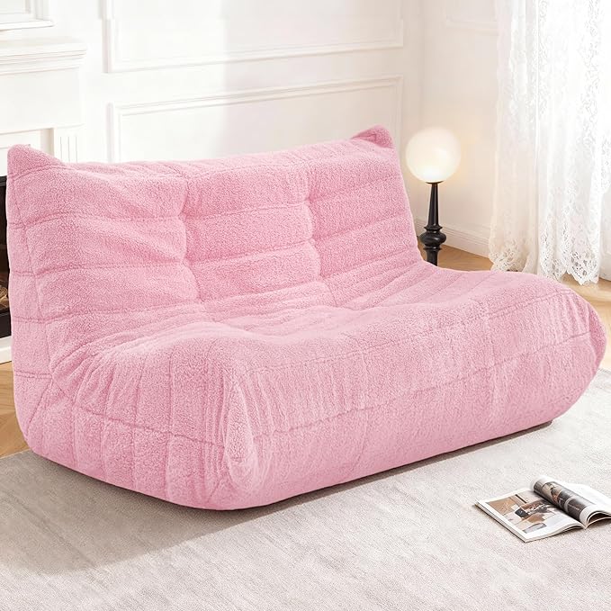 Bean Bag Loveseat Chair Big Sofa Beanbag Chair for Adults Fireside Chair Bean Bag Lounger with Memory Foam Filled for Home,Apartment or Gaming Venue（Pink Teddy）