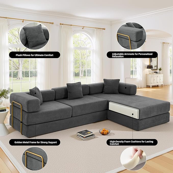 108" Oversized Convertible Sleeper Sofa Bed, Corduroy L Shape Sectional Couch, Folding Sofa Bed with Fixed-Shape Frame, Modern Cloud Floor Mattress Couch, Modular Sofa for Living Room, Grey