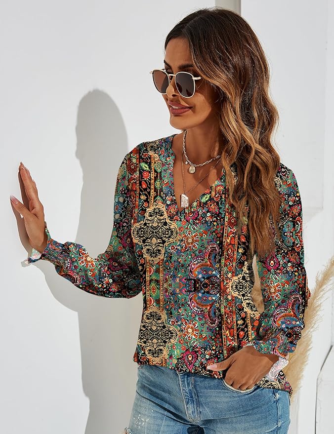 Romanstii Women's Casual V-Neck T-Shirts Loose Puff Long Sleeve Tops Tunic Blouses