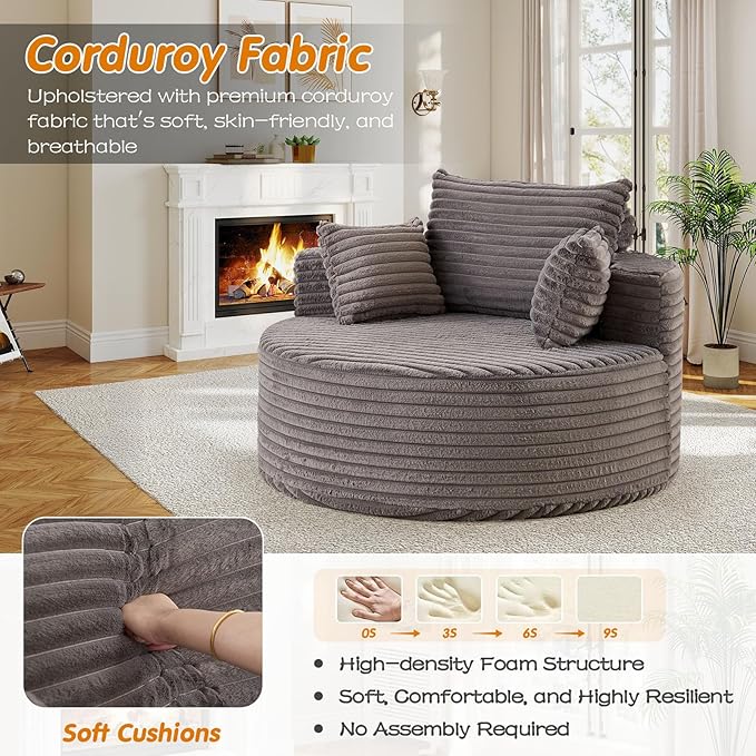 50"W Oversized Round Chaise Lounge Chair Indoor, Upholstered Corduroy Deep Seat Cloud Circle Sofa Chair, Modern Fluffy Comfy Floor Reading Armchair for Living Room, Bedroom, No Assembly Required, Grey