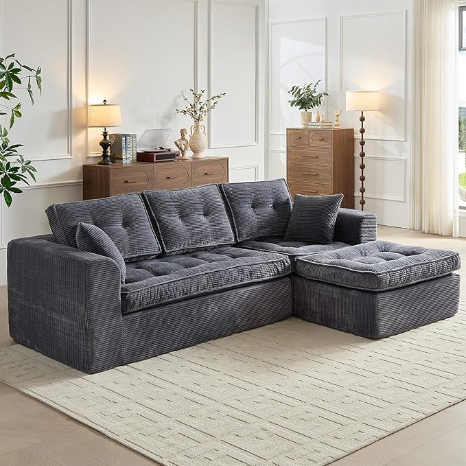 Modular Sectional Sofa, Modern Boneless Couch with L-Shape Chaise, Home Sectional Comfy Sofa Set for Living Room Bedroom and Floor, Plush Corduroy, No Assembly Required (Gray)