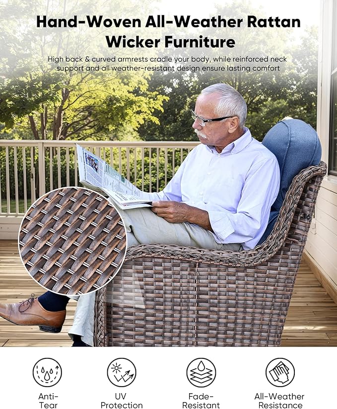 HUMMUH 10 Pieces Outdoor Furniture Set with Fire Pit 6-inch Cushions High Back Patio Furniture Set Wicker Swivel Rocker Chairs Sofa for Porch,Deck,Backyard