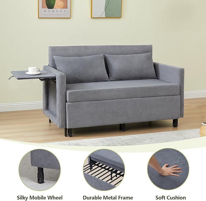QHITTY Pull Out Couch Bed, 2-in-1 Sleeper Sofa Small Loveseat Bed with Hidden Side Table and Iron Frame for Living Room, Small Space, Apartment (Grey)