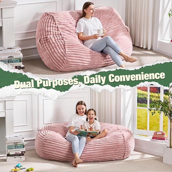 Hobestluk 4FT Bean Bag Chairs Adult Bean Bag with Portable Handle Comfy Large Bean Bag Chair with Removable Cover for Living Room Bedroom or Reading Nook (Stripe Pink, 4FT)