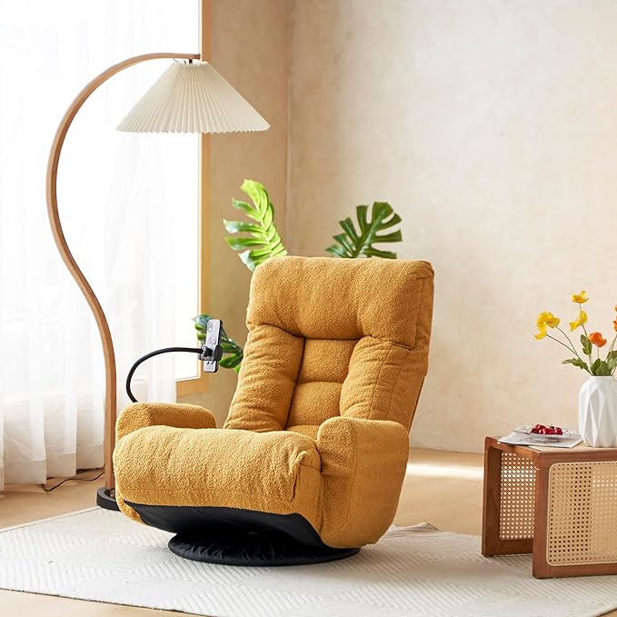 Lounge Sofa Chair with Side Pocket Armrests & Phone Holder. Gaming Chair for TV, Reading,Video,Games.Indoor Floor Chaise in Livingroom, Bedroom.Adjustable Foldable Backres&360° Swivel (Yellow)