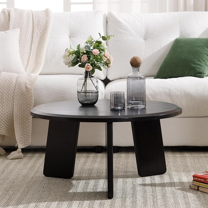 Janoray Modern Wood Coffee Table Small Desk Farmhouse Round Coffee Table Floor Table Couch Table Easy Assembly for Living Room/Office/Reception/Sofa Couch End, Black