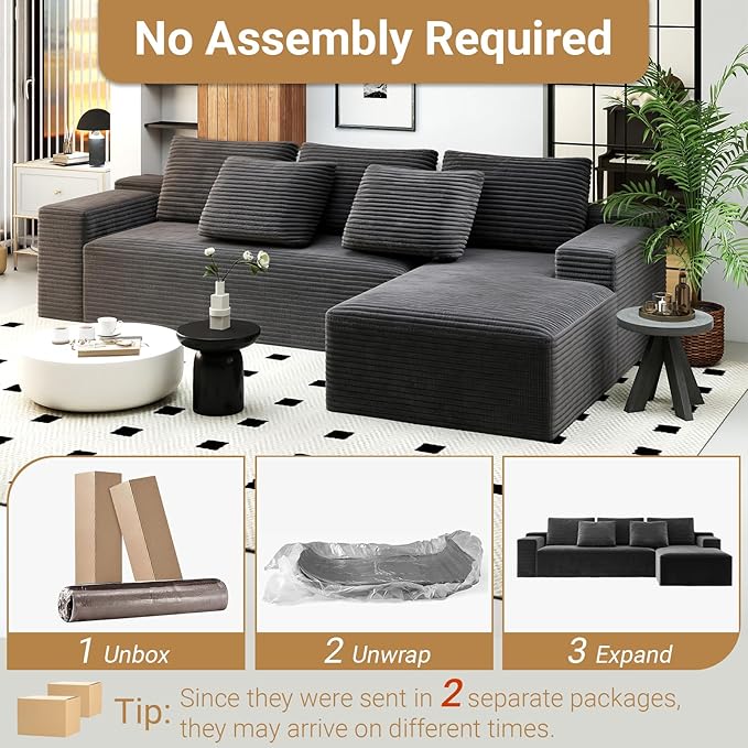 KAPEETOO Modular Sectional Sofa Cloud Couch for Living Room, Right L Shaped Boneless Couch with Chaise Longue, Oversize 3-Seater Sectional Sleeper Sofa Set with Deep Seat Bedroom (Grey)