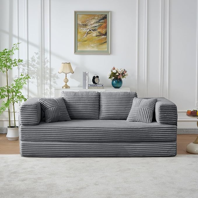 Folding Sofa Bed, Corduroy Loveseat Sleeper with Fixed-Shape Frame, No Assembly Needed Futon Couch, Convertible Floor Sofa Lounge Couch for Living Room, Bedroom, Lounge Studio, Grey