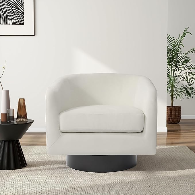 Swivel Barrel Chair, Modern Round PU Leather Accent Armchair for Living Room, Bedroom, Oversized Comfy Club Reading Chairs for Adults (Velvet Ivory, Set of 2)