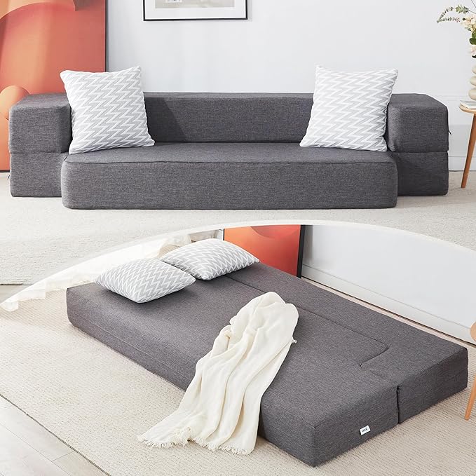 Lazyzizi Floor Sofa Bed, Convertible Sleeper Lounge Couch Folding Mattress with 2 Pillows & Washable Cover for Living Room, Guest, Playroom 10inches Twin