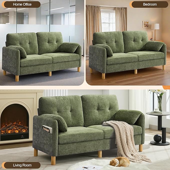 WUTUTUEE 65" Chenille Loveseat Sofa, Modern 2-Seater Love Seat Couch with Armrest Pillows, Storage Pockets, Easy Assembly, Upholstered Tufted Loveseat Couches for Living Room Bedroom, Green