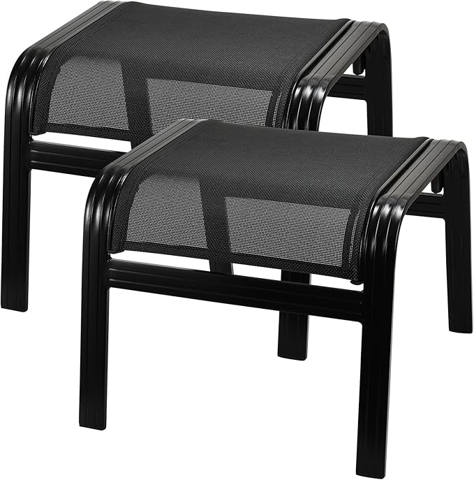 Deguifei Patio Footstools Outdoor Foot Rest Aluminum Patio Ottomans Portable Seat Wicker Furniture Stackable Ottoman 2 Pieces Black