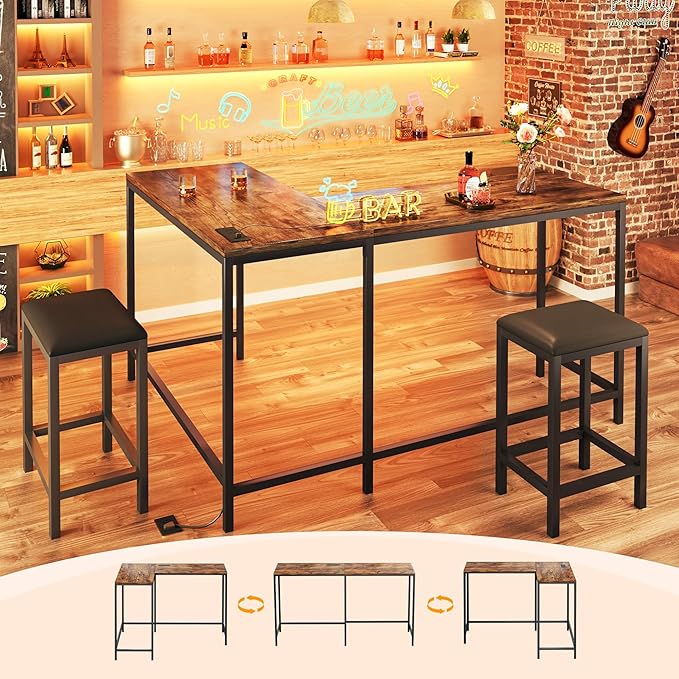 Bar Table and Chairs Set for 2-4, 63'' Convertible L-Shaped Kitchen Table with Power Outlets, 3 Piece Counter Height Small Dining Table with 2 Stools, Space Saving, Breakfast Nook Corner, Rustic Brown