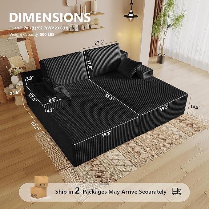 Oversized 80" Double Chaise Lounge Chair Futon Sofa Bed Boneless Cloud Couch Sleeper Sofa, Flannel Upholstered Floor Sofa Modular Sectional Loveseat with 2 Throw Pillow & Backrest Pillow, Black
