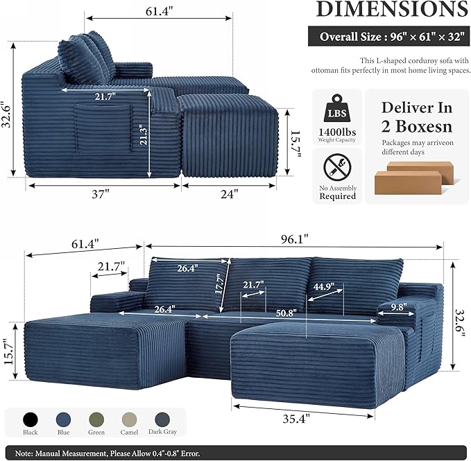 96" Sectional Couches for Living Room Cloud Couch Sofa with L-Shape Upholstered Boneless Couchs Modern Modular Sectional Couch with Chaise (Bule, 96" W+Right Facing Chaise+2Seaters+Ottoman)