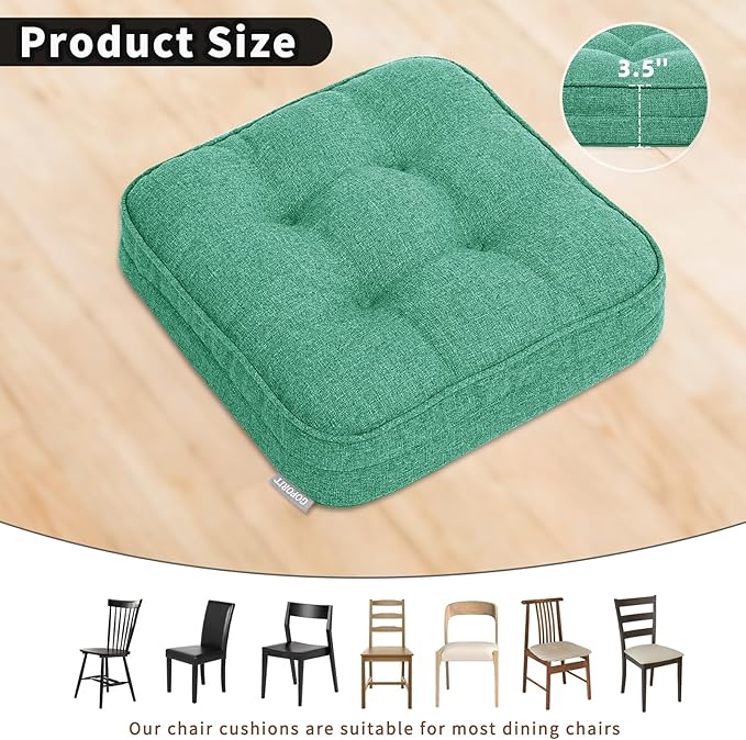 GOFORIT Memory Foam Cushion，Square Seat Cushions for Dining Chairs,Non-Slip Chair Pads with Removable Cover, 16'' x 16'', 2 Pack,Green
