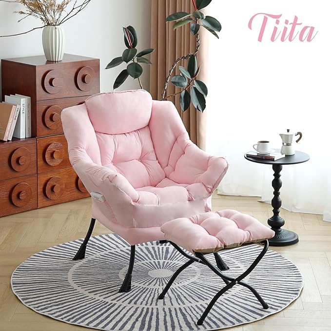 Tiita Lazy Chair with Ottoman, Pink Chair Modern Large Accent Lounge Armchair, Comfy Leisure Sofa Reading Chair with Footrest for Bedroom, Living Room, Dorm Rooms, Garden and Courtyard, Pink