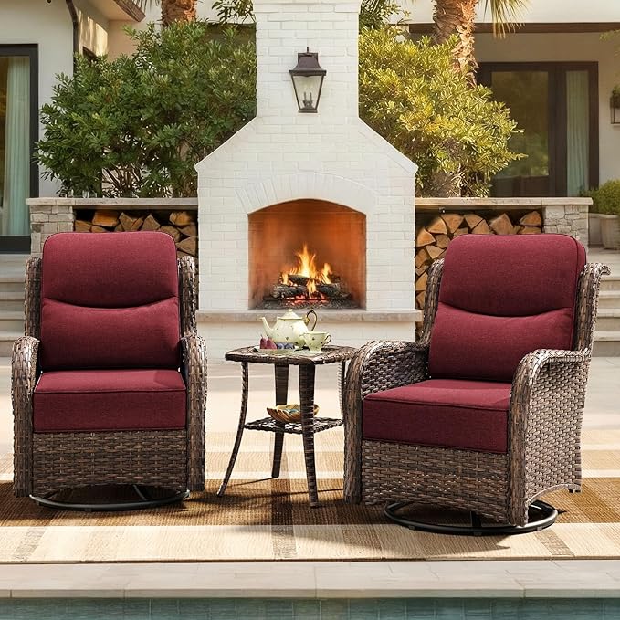 HILLGA Luxury Patio Furniture Set with 6-inch Thick Cushion, Outdoor High Back Swivel Rocker Patio Chairs, 3PCS Wicker Conversation Set for Deck Yard and Poolside, Burgundy (V2)
