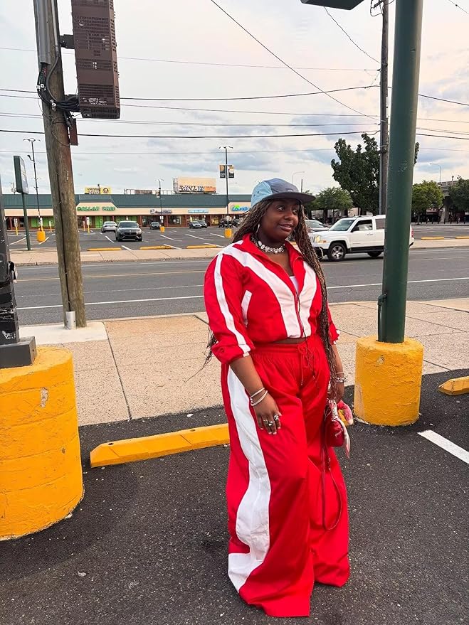 Women Striped 2 Piece Outfits Fall Workout Sets Windbreaker Tracksuit Crop Jacket Wide Leg Pants with Pockets