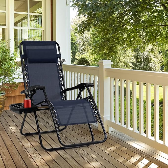 Tangkula Zero Gravity Chair, Folding Patio Lounge Chair Adjustable Outdoor Recliner with Cup Holder, Wide Armrest for Patio Garden Poolside Outdoor Yard Beach, Support 350 lbs (1, Navy Blue)
