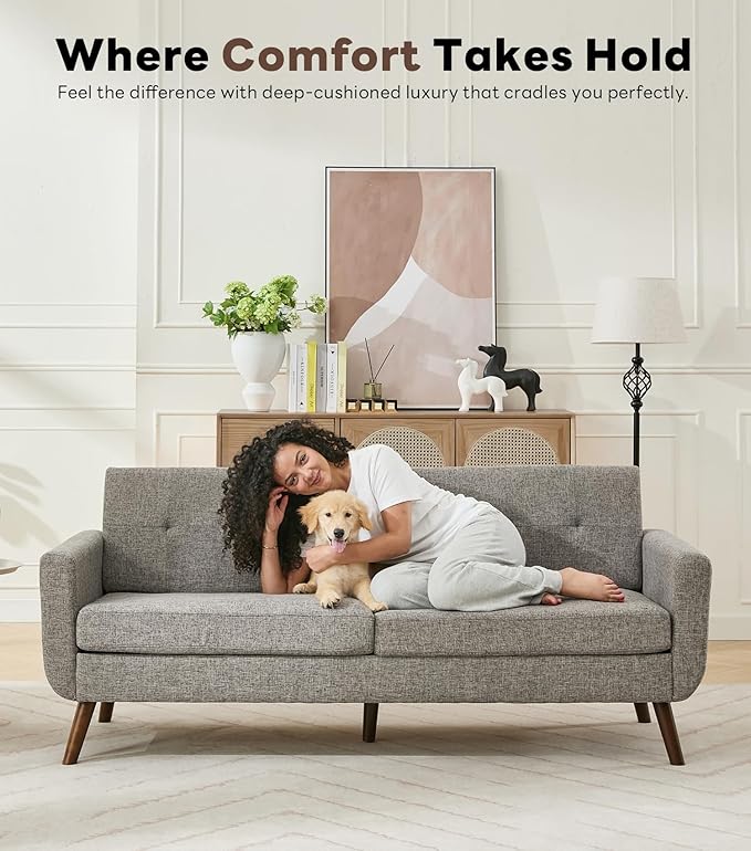 Tbfit 77.2" W Linen Sofa Couch, Mid Century Modern Decor Loveseat Couches for Living Room, Button Tufted Upholstered Small Couch for Bedroom, Solid, and Easy to Install Love Seats Furniture, Grey | linen fabric, button tufted, solid wood foot, pocket s...