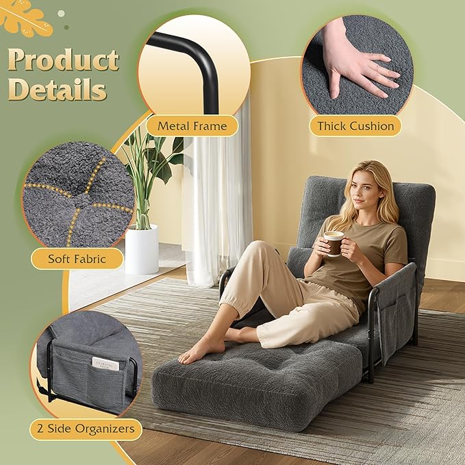 WLIVE Futon Sofa Bed Couch with Adjustable Backrest, Bean Bag Chairs for Adults, Floor Couch with Armrest, Pillow, Low Profile Floor Seating for Living Room, Reading, Bedroom, Single, Grey
