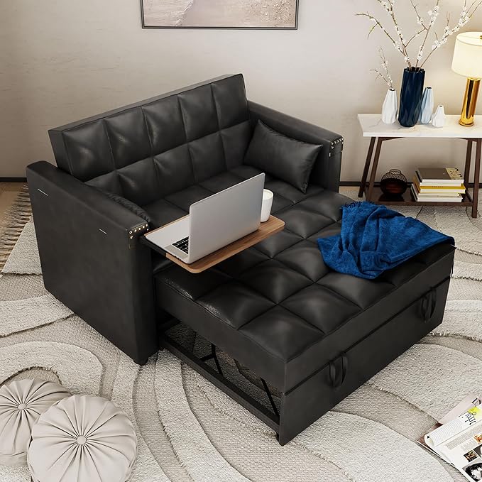 ORRD Convertible Sofa Bed, 3-in-1 Multi-Functional Faux Leather Sleeper Couch Pull-Out Bed, 48'' Loveseat Bed Chaise Lounge with Adjustable Backrest and Hidden Side Table for Living Room, Small Space