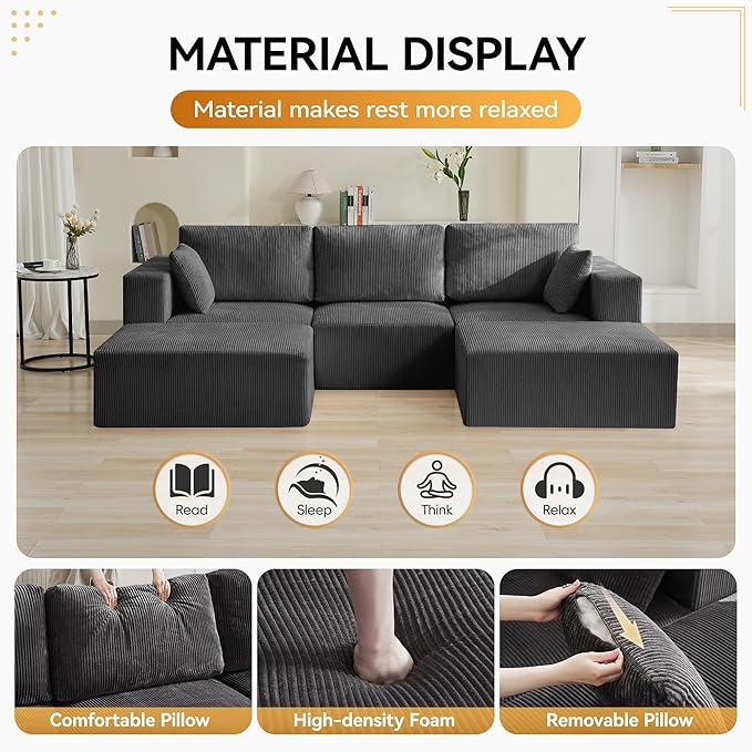 115'' U Shaped Boneless Sofa Couch, 3 Seater Modular Sectional Sofa with 2 Movealbe Ottoman, Corduroy Convertible Sleeper Couch with Chaise for Living Room, Grey