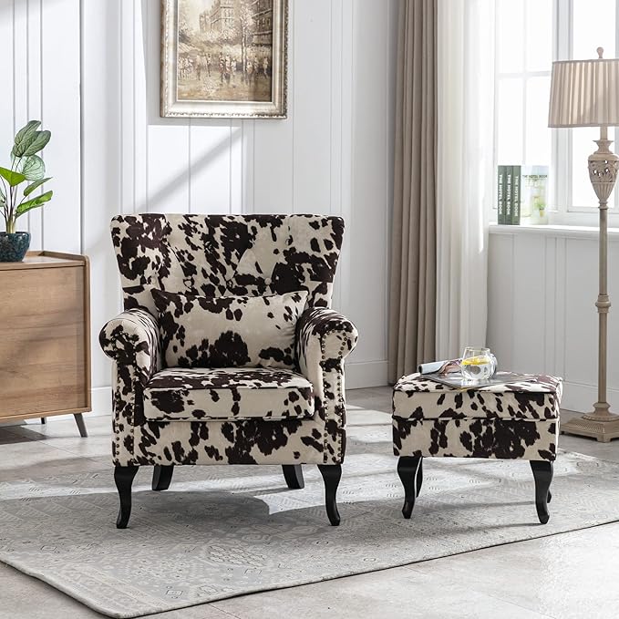 DM Furniture Set of 2 Mid-Century Modern Accent Chair with Ottomans, Velvet Armchair w/Tufted Back/Wood Legs, Upholstered Lounge Arm Chair Single Sofa for Living Room Bedroom, Cow Print