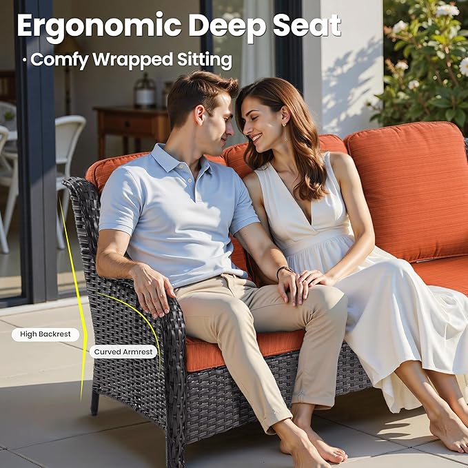 ovios 8 Pieces Patio Furniture Set, Outdoor Wicker Sofa Couch with Swivel Chairs 42" Fire Pit Table, High Back Modern All Weather Conversation Sets, Brown Rattan, Orange Red