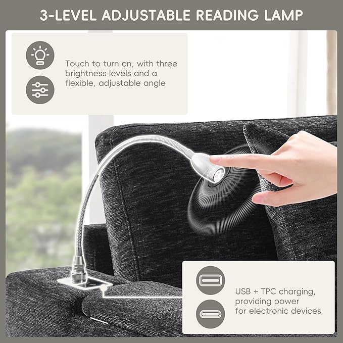 Furnimart Oversized Modular Sectional Pull-Out Sofa with Flip-up Table Panel, Reading Lamp, Charging Ports, Movable Storage Ottoman, Tufted Design, 6 Pillows, Free Combination, Chenille Beige