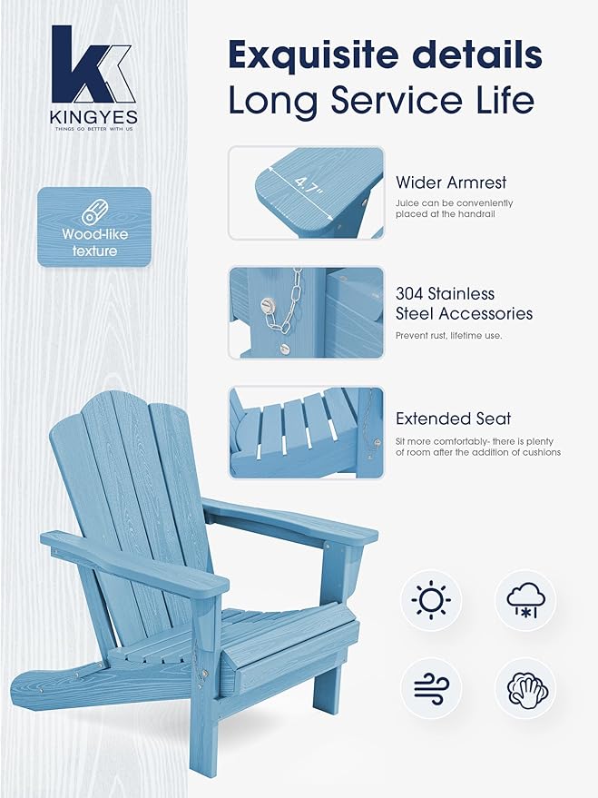 KINGYES Folding Adirondack Chair Set of 6, HDPE All-Weather Folding Adirondack Chair, Light Blue