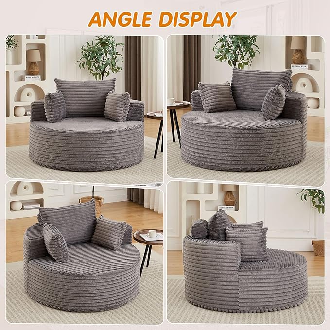 50"W Oversized Round Chaise Lounge Chair Indoor, Upholstered Corduroy Deep Seat Cloud Circle Sofa Chair, Modern Fluffy Comfy Floor Reading Armchair for Living Room, Bedroom, No Assembly Required, Grey