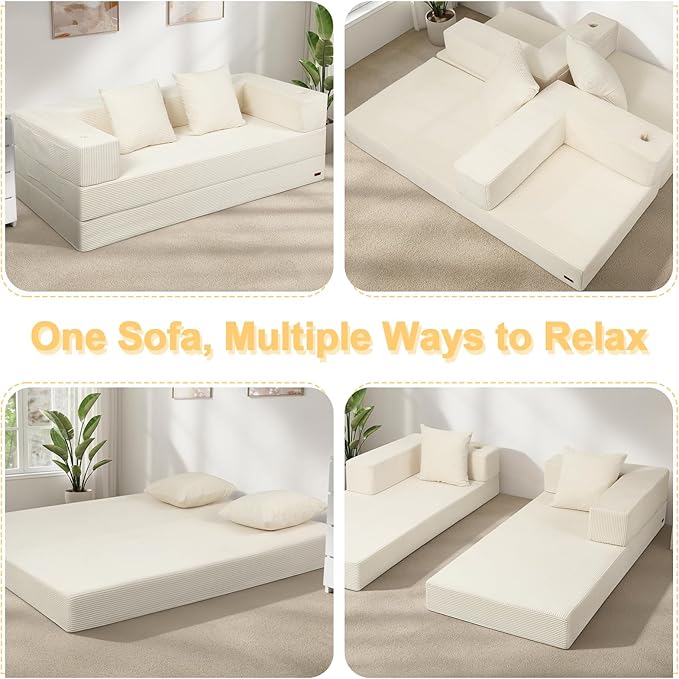 COMAX Futon Sofa Bed Queen, 79" Convertible Sofa Bed Couches for Living Room, 4 in 1 Folding Boneless Sleeper Corduroy Couch Loveseat Foam In a Box, Foldable Comfy Lounge Fold Out Floor Mattress Beige