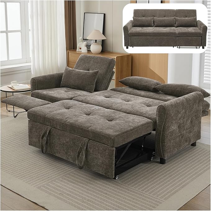 Gagawin 2 in 1 Convertible Sofa Bed with Reversible Recliner, Chenille 3-Seater Couch Sleeper with Pull Out Bed & Adjustable Backrest & Dual USB Charging Ports for Living Room, Gray