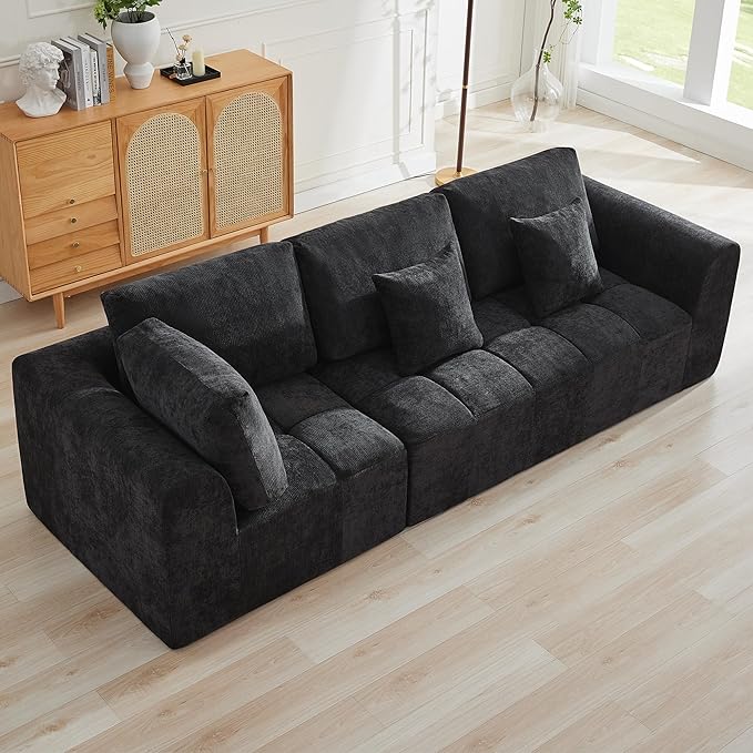 110''Modular Sectional Couches for Living Room, Cloud Boneless Compressed Sectional Sofa, Oversized 3 Seater Upholstered Memory Foam Sofa, No Assembly, Chenille Black