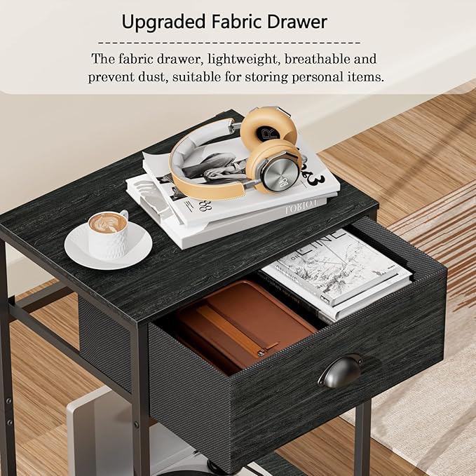 Furologee Nightstand with Fabric Drawer & Storage Shelf, Small Side Table for Small Space, 2 Tiers Industrial End Table for Living Room, Bedroom, Black Oak